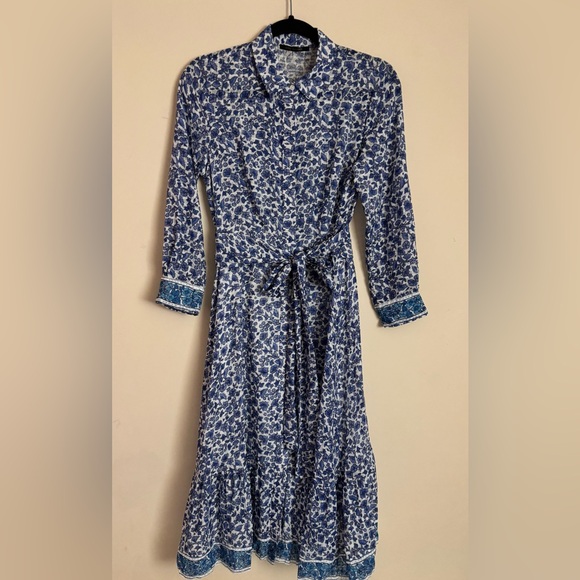Kobi Halperin Dresses & Skirts - Kobi Halperin Blue Floral Tie-Waist Long Sleeve Midi  Dress